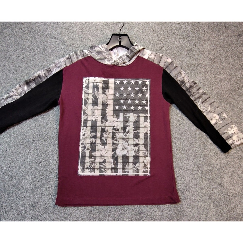 Fresh Laundry Boys Baseball Shirt Small Maroon Floral USA Flag Patriotic Hooded